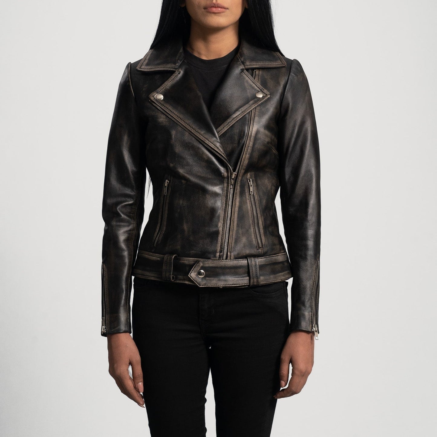 Stylish Women's Biker Distressed Leather Jacket - Classic Black Outerwear