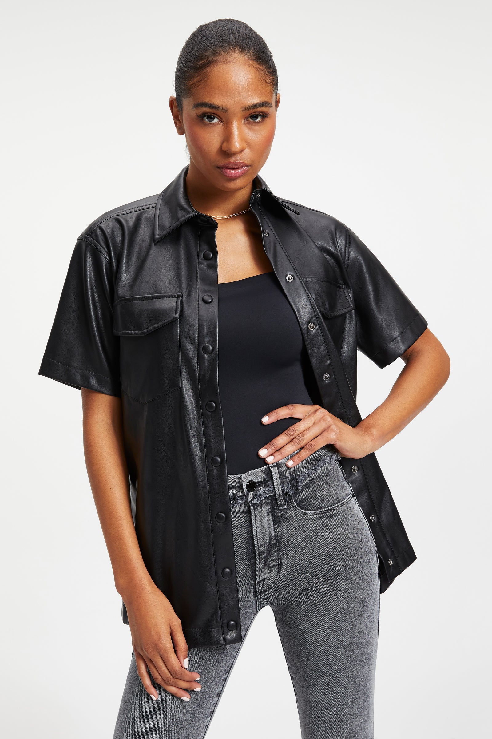 Chic Women's Black Trucker Leather Shirt - Half Sleeve