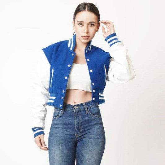 Women's Blue & White Sleeves Cropped Letterman Leather Jacket