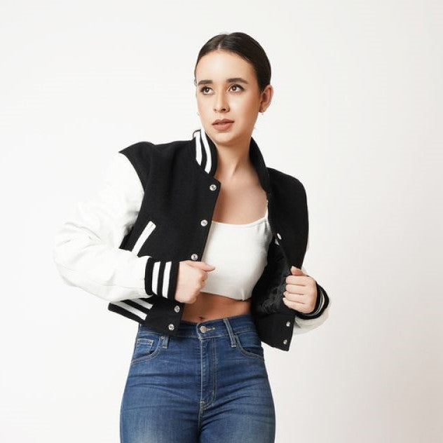 Women's Black & White Sleeves Cropped Varsity Leather Jacket