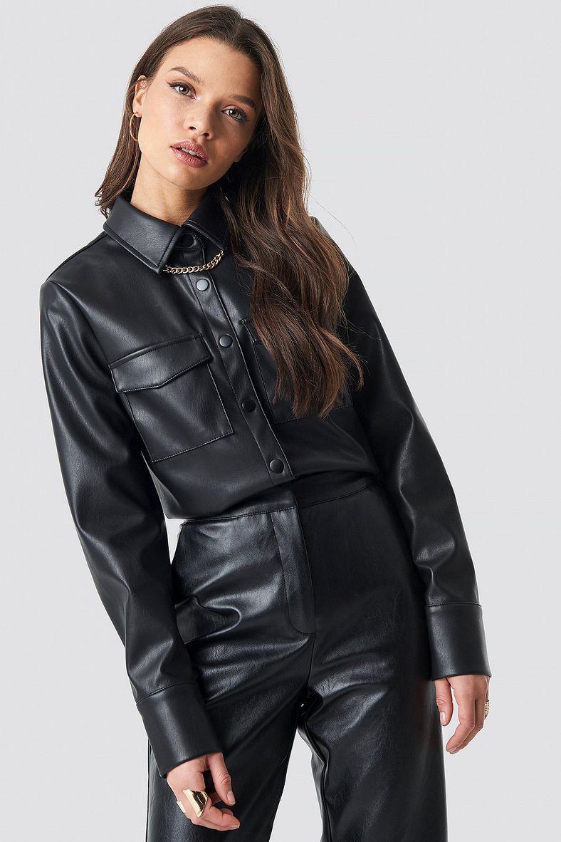 Women's Stylish Black Full-Sleeve Trucker Leather Shirt