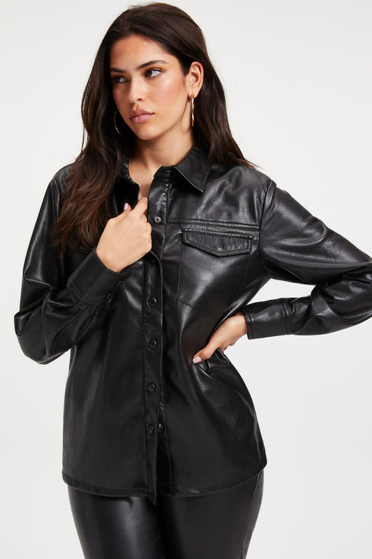 Women's Classic Black Full Sleeve Leather Trucker Shirt