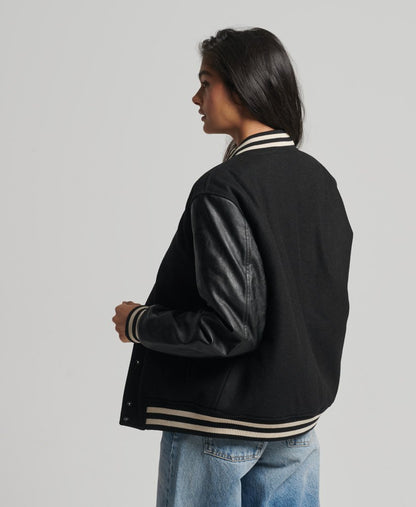 Women's Letterman Bomber Leather Jackets In Black