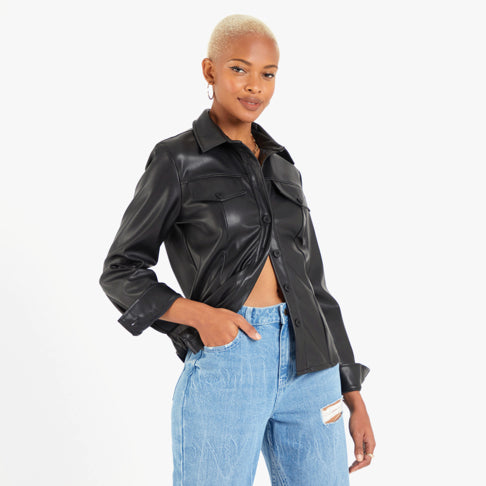 Women's Black Short Leather Shirt - Chic & Versatile