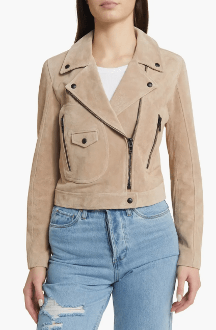 Women's Suede Biker Leather Jacket with Tan Beige