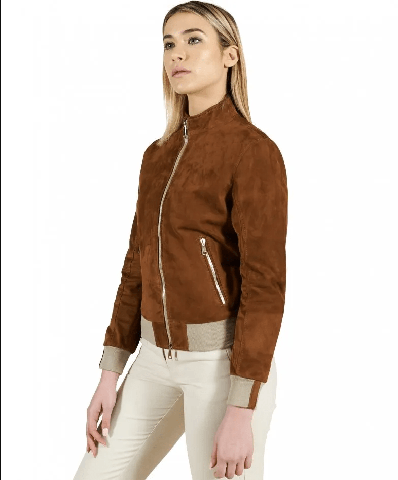 Women's Dark Brown Suede Bomber Leather Jacket