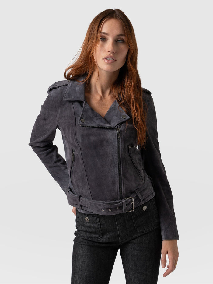 Women's Suede Leather Biker Jacket with Matte Black