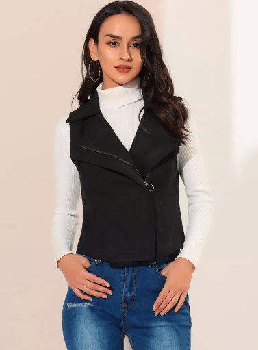 Women's Suede Leather Biker Vest In Black