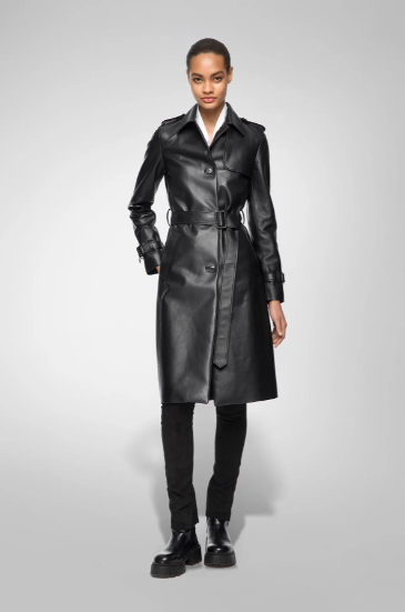 Sophisticated Women's Trench Leather Coat - Black, Belted Waist