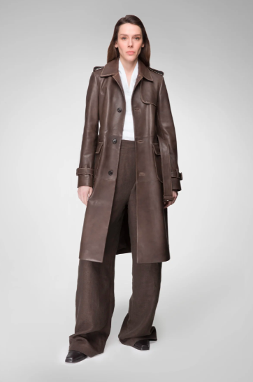 Women's Coffee Brown Trench Leather Coat