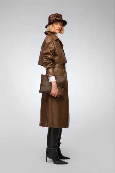 Women's Dark Brown Trench Leather Coat with Belted Waist