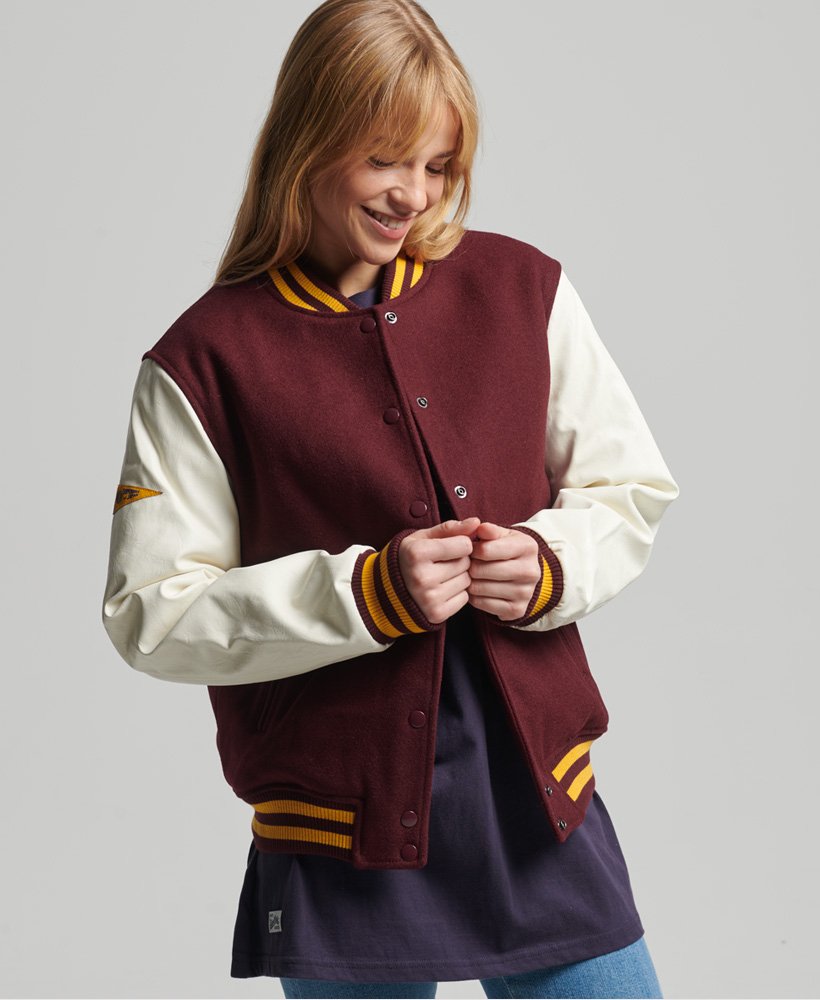 Women's Maroon &amp; White Sleeve Varsity Bomber Leather Jacket