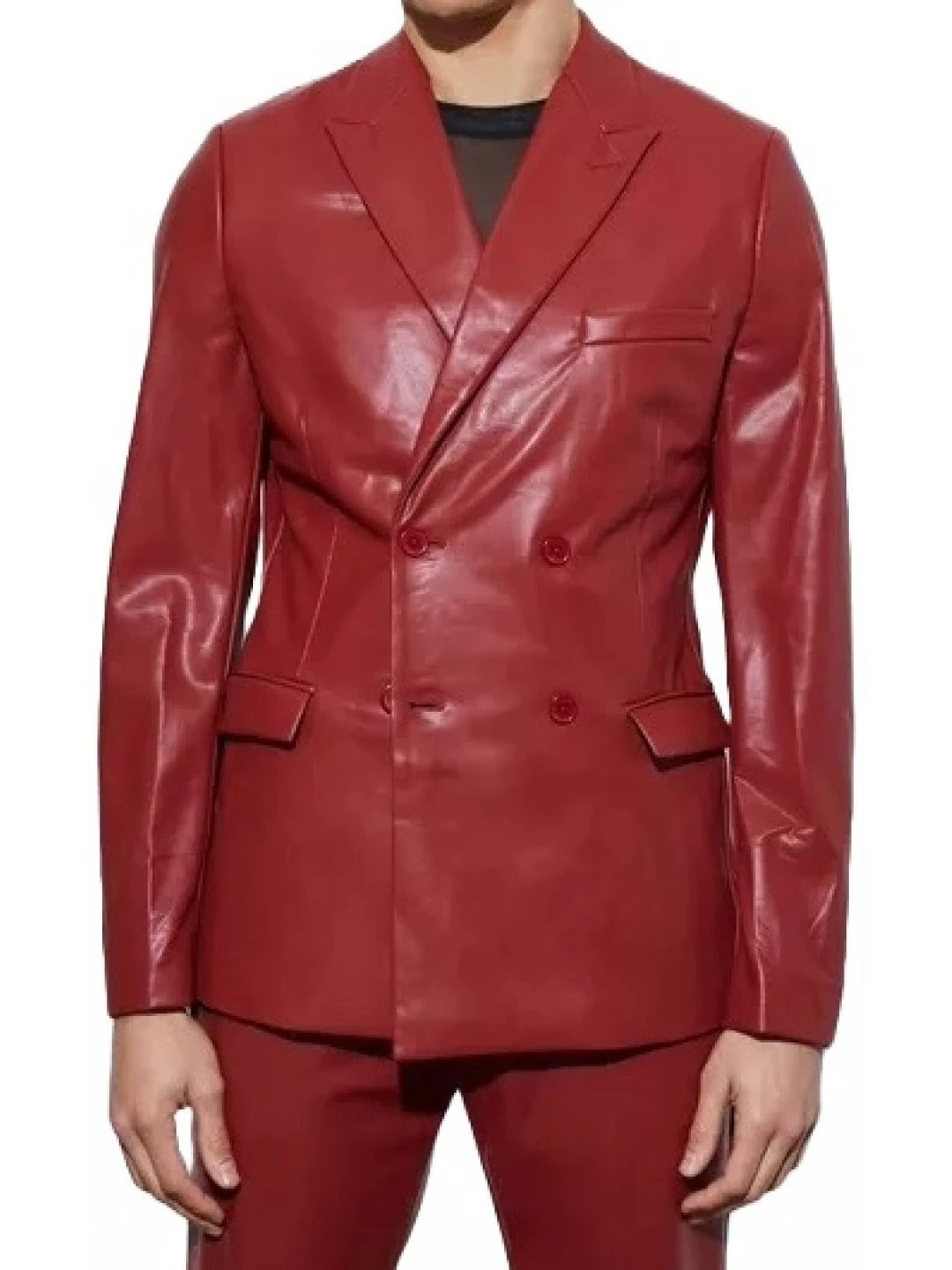 Double-Breasted Red Leather Blazer