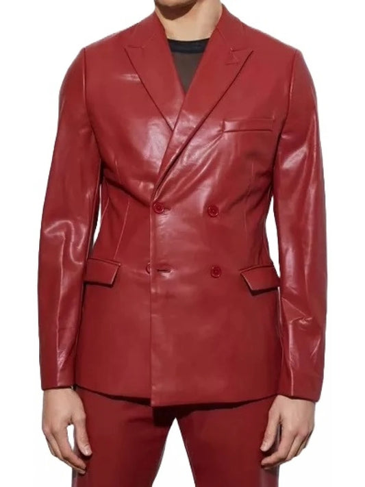 Double-Breasted Red Leather Blazer