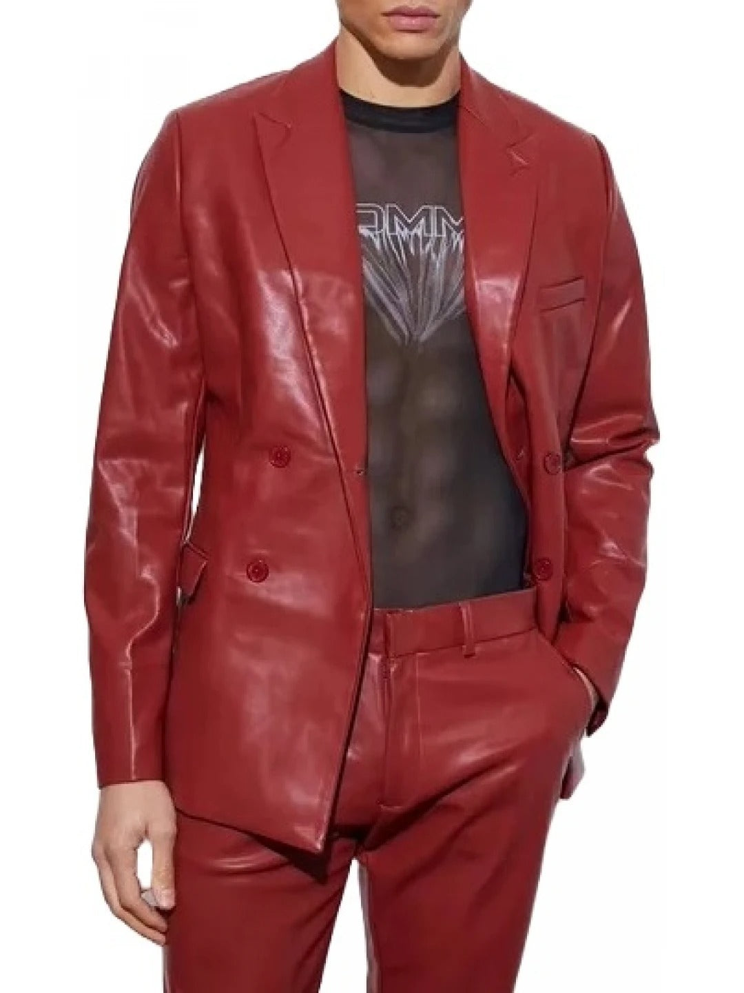 Double-Breasted Red Leather Blazer