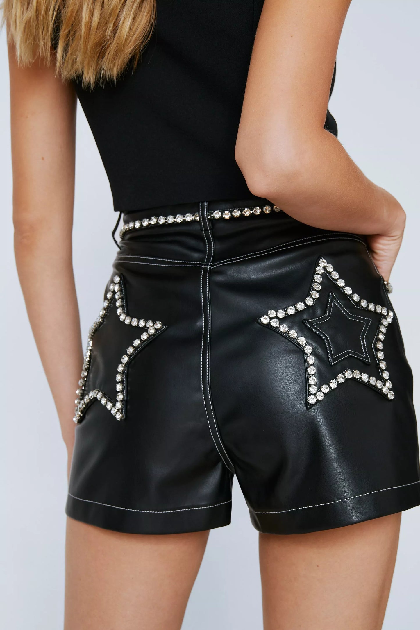 Premium Faux Leather Diamante Star Detail Shorts for Women