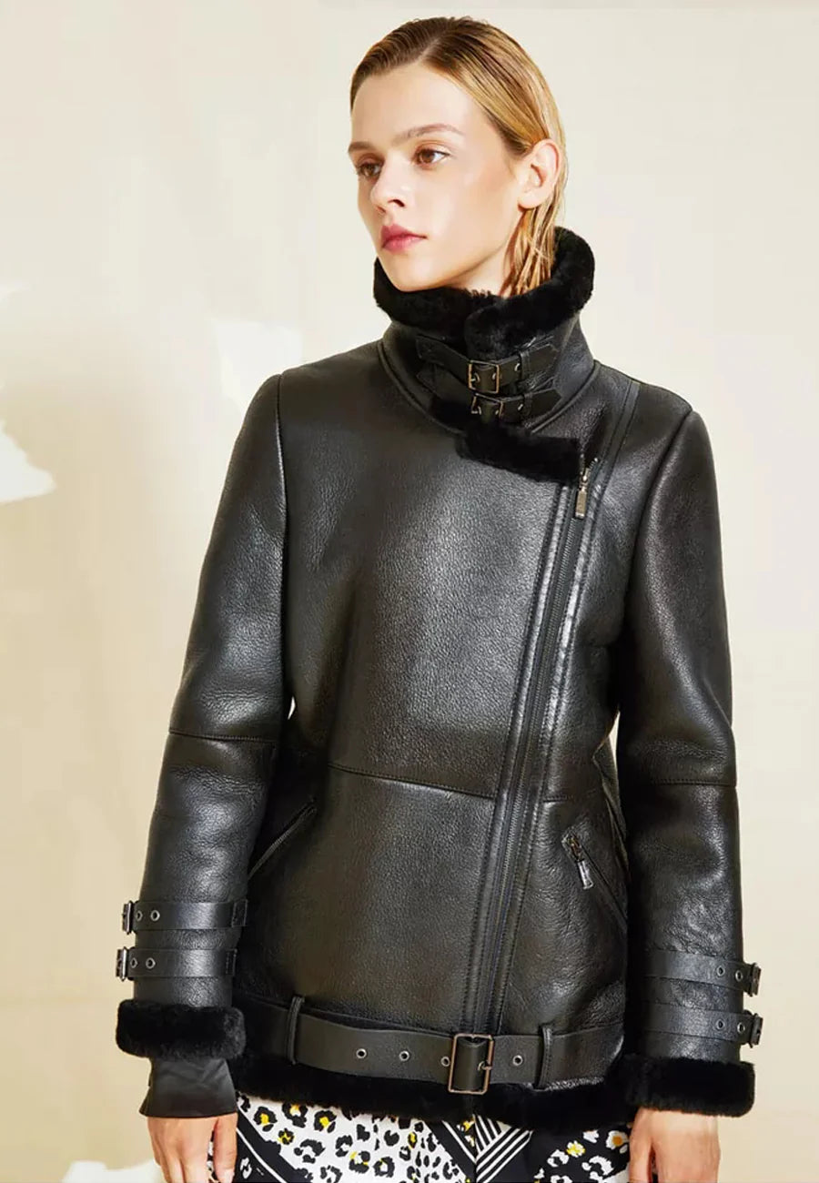 Women's Stylish Black Leather Shearling Long Coat - Elegant Warmth and Versatility