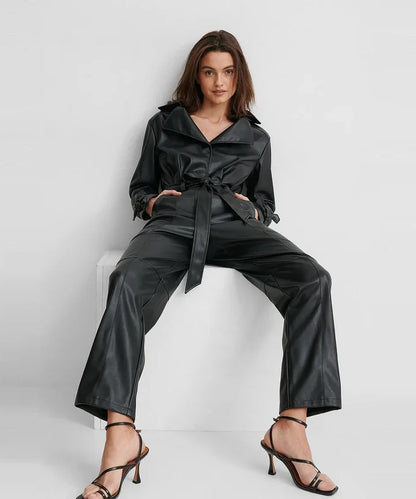 Black Women's Long-Sleeve Genuine Lambskin Leather Jumpsuit