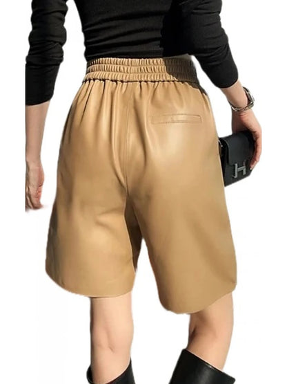 Elastic Waist Brown Leather Bermuda Shorts – Stylish & Comfortable Women's Wear