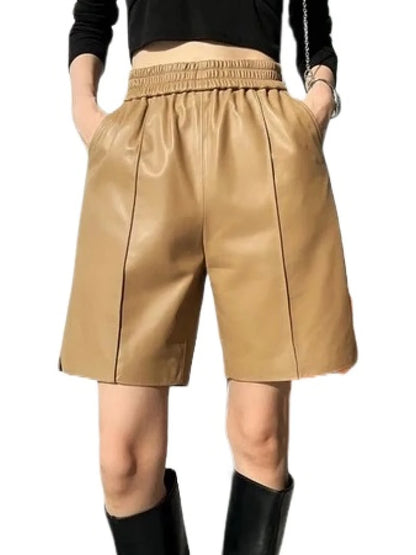 Elastic Waist Brown Leather Bermuda Shorts – Stylish & Comfortable Women's Wear