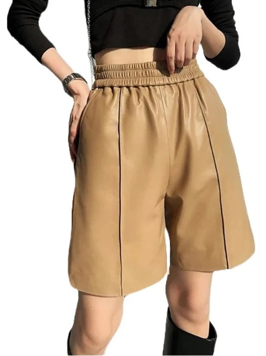 Elastic Waist Brown Leather Bermuda Shorts – Stylish & Comfortable Women's Wear