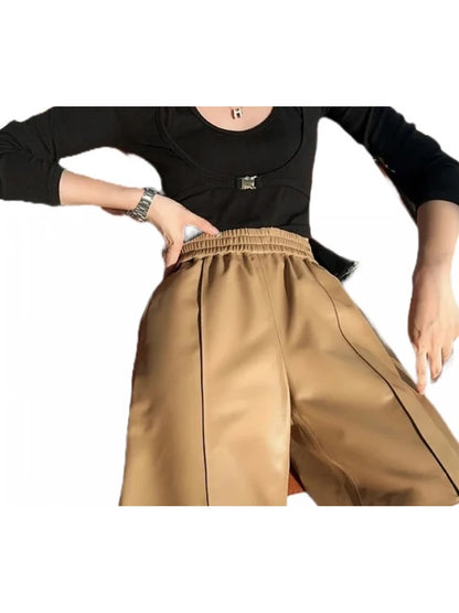 Elastic Waist Brown Leather Bermuda Shorts – Stylish & Comfortable Women's Wear