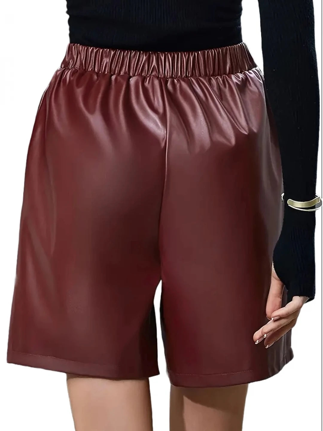 Elastic Waist Burgundy Leather Shorts – Comfortable and Chic Women's Wear