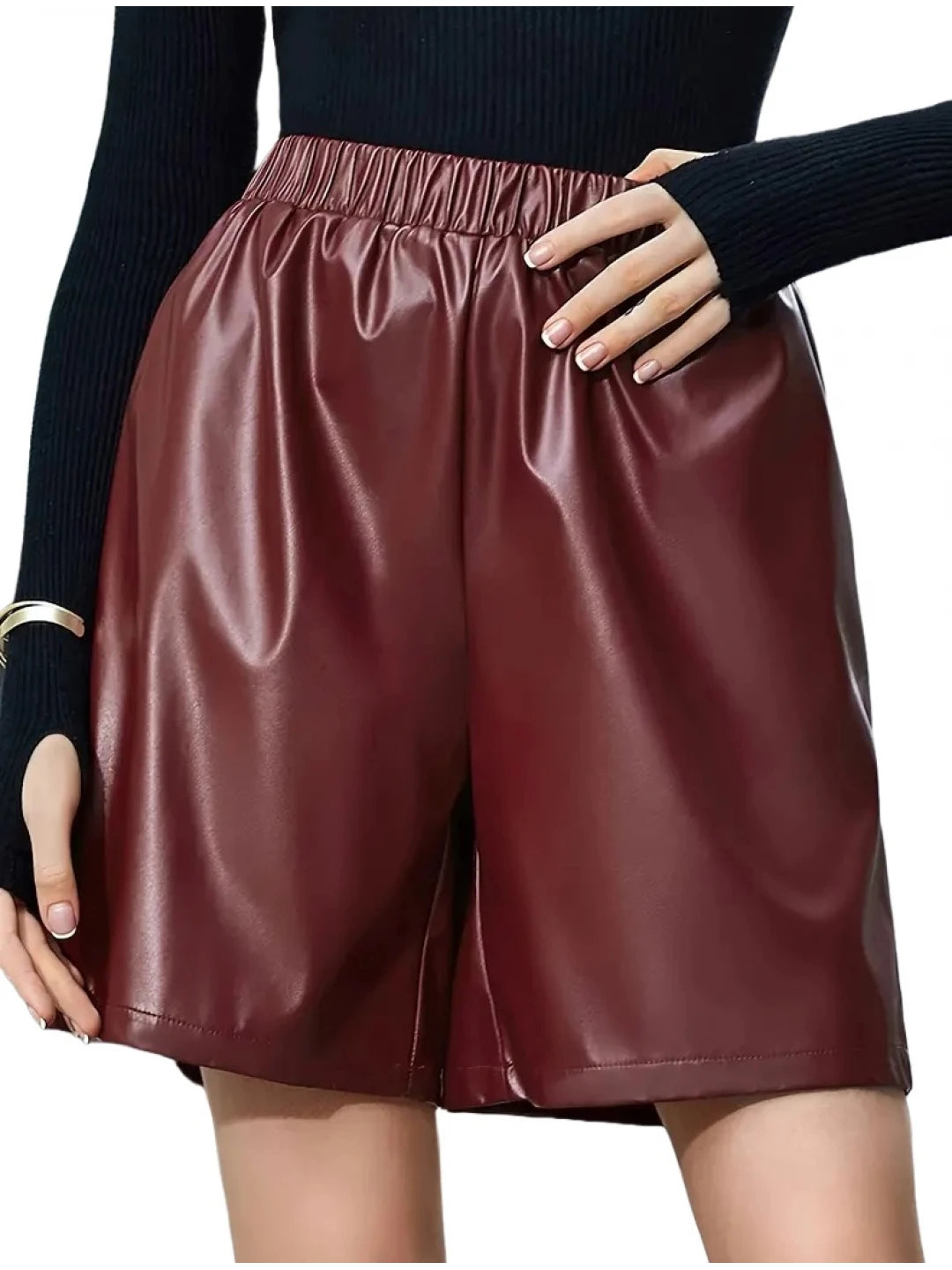 Elastic Waist Burgundy Leather Shorts – Comfortable and Chic Women's Wear