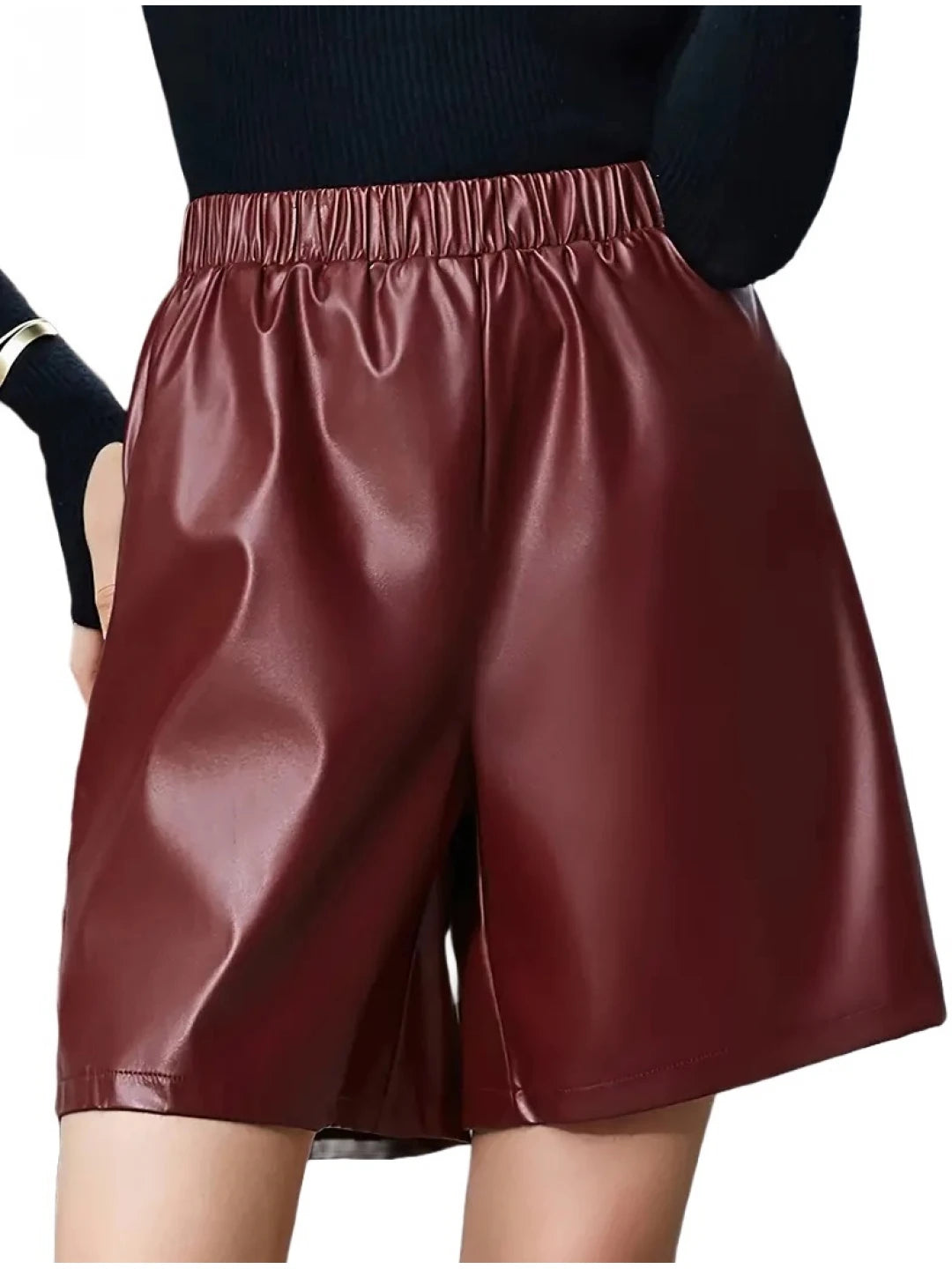 Elastic Waist Burgundy Leather Shorts – Comfortable and Chic Women's Wear