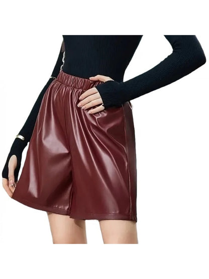 Elastic Waist Burgundy Leather Shorts – Comfortable and Chic Women's Wear