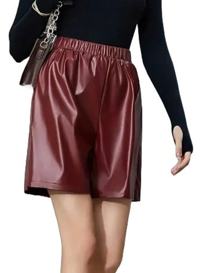 Elastic Waist Burgundy Leather Shorts – Comfortable and Chic Women's Wear