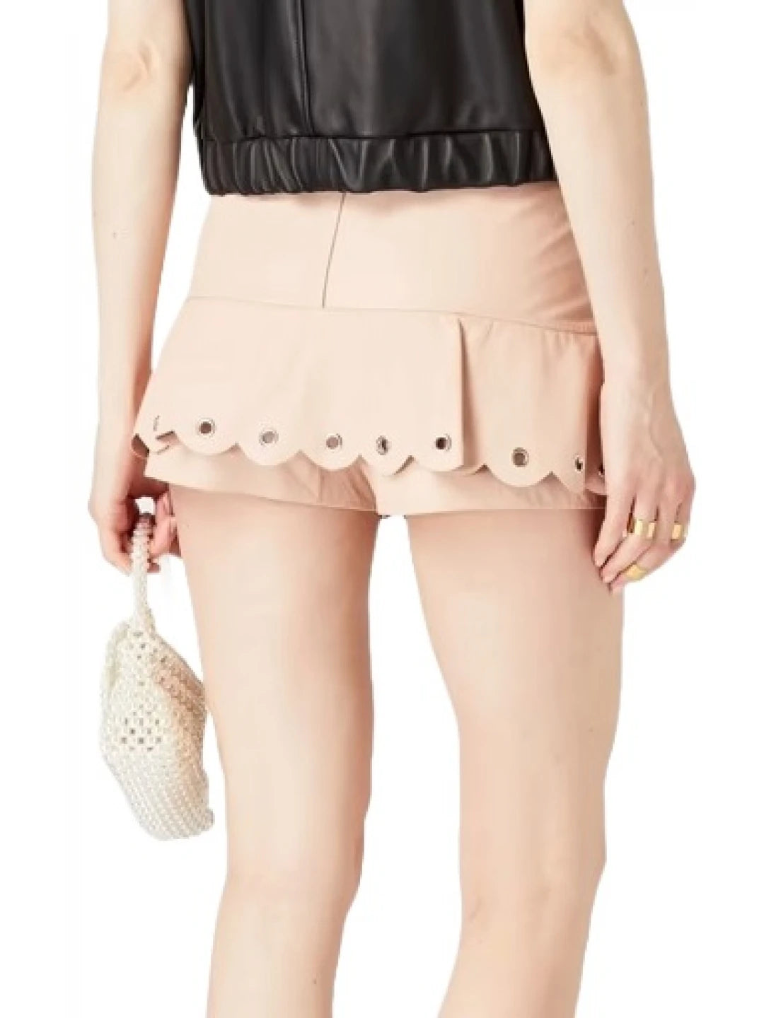 Eyelet Embellished Ruffled Pink Leather Shorts for Women