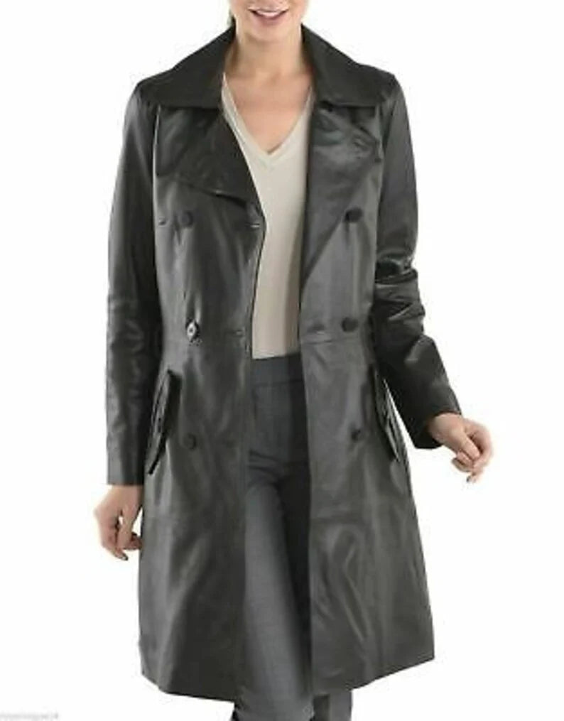 Women's Black Leather Double Breasted Trench Long Coat