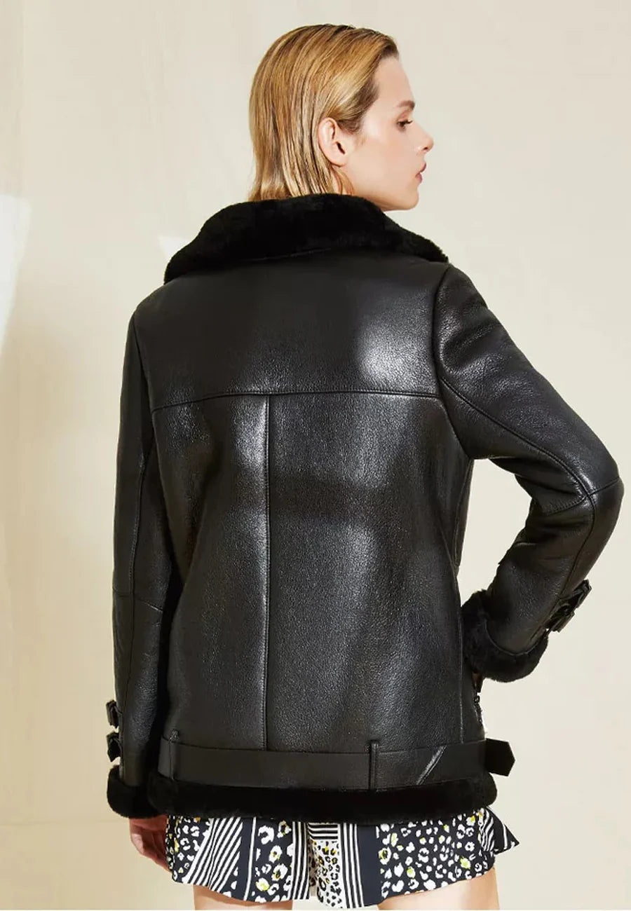 Women's Stylish Black Leather Shearling Long Coat - Elegant Warmth and Versatility