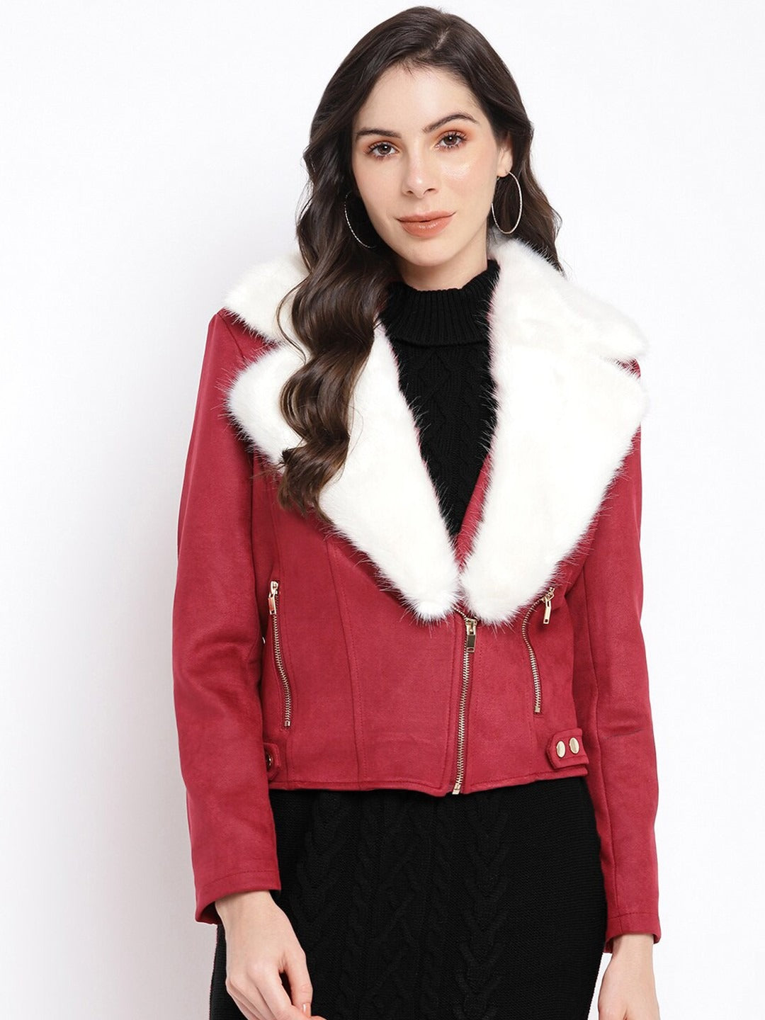 Women’s Red Leather Cropped Biker Jacket