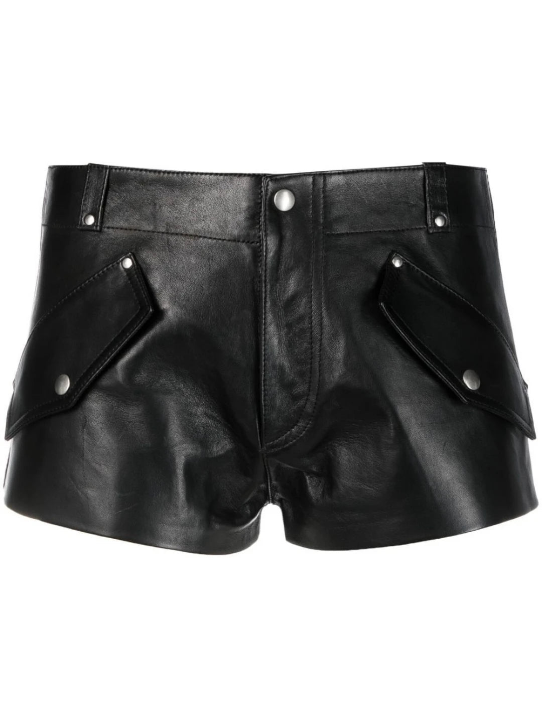 Flap Detail Black Leather Shorts for Women

