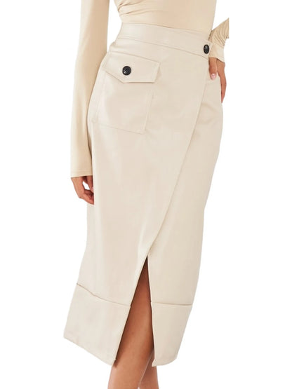 Beige Leather Midi Skirt with Flap Pockets for Women

