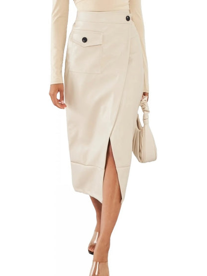 Beige Leather Midi Skirt with Flap Pockets for Women

