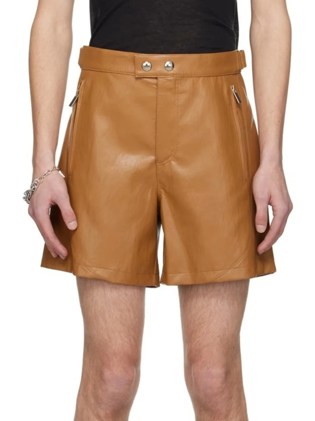 Men’s Tan Leather Shorts with Four Zipper Pockets