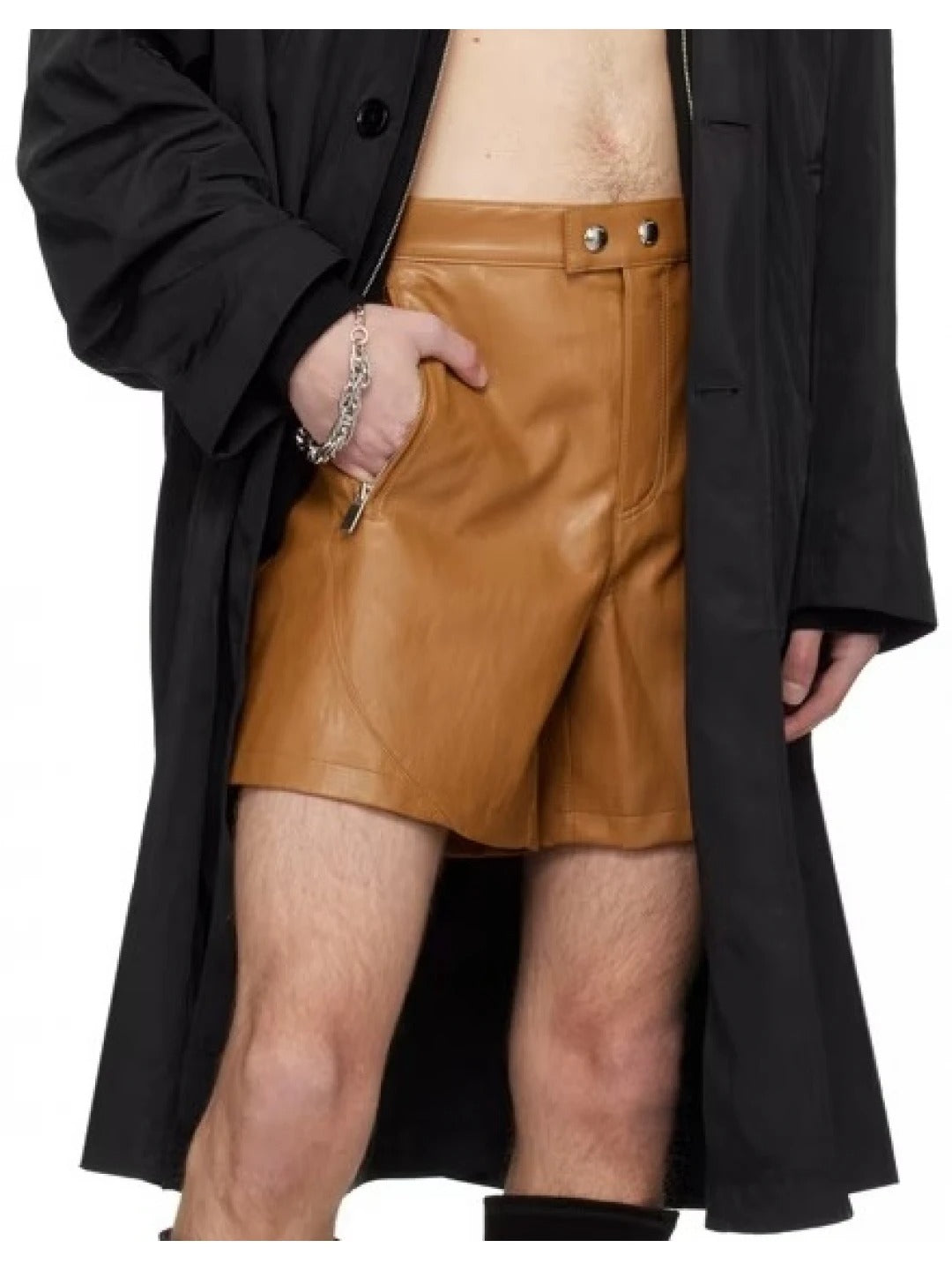 Men’s Tan Leather Shorts with Four Zipper Pockets