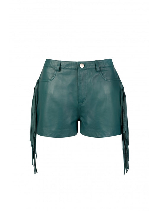 Women’s Green Leather Fringed Shorts