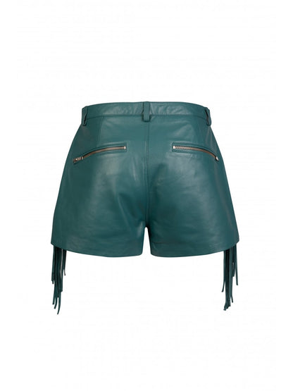 Women’s Green Leather Fringed Shorts