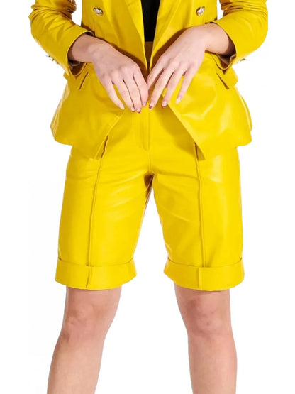 Front Zipper Closure Yellow Leather Shorts – Bold & Trendy Women's Fashion