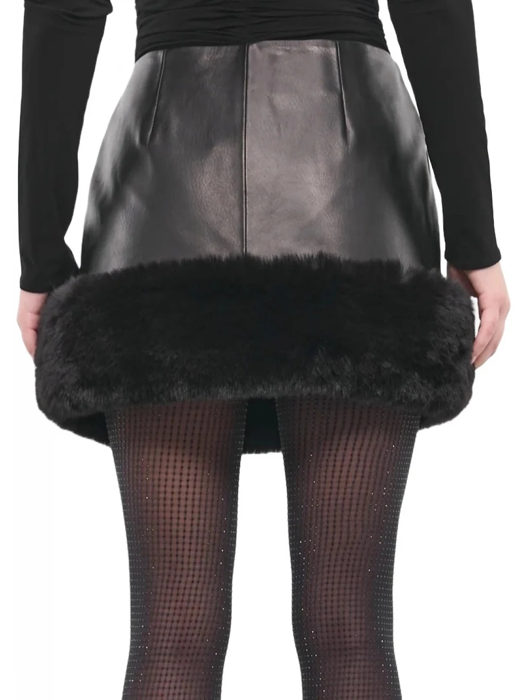 Fur Trim Black Leather Mini Skirt for Women