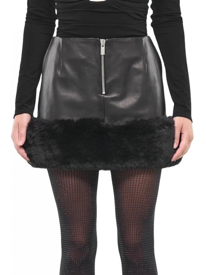 Fur Trim Black Leather Mini Skirt for Women