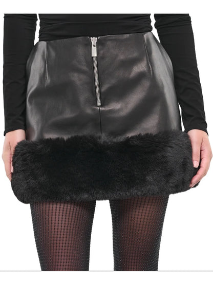 Fur Trim Black Leather Mini Skirt for Women