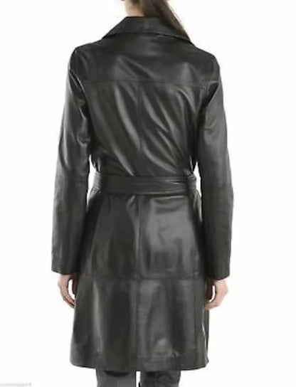 Women's Black Leather Double Breasted Trench Long Coat