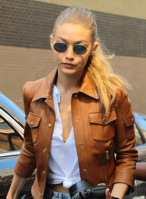 Trendy Gigi Hadid Brown Leather Jacket - Street Style Fashion