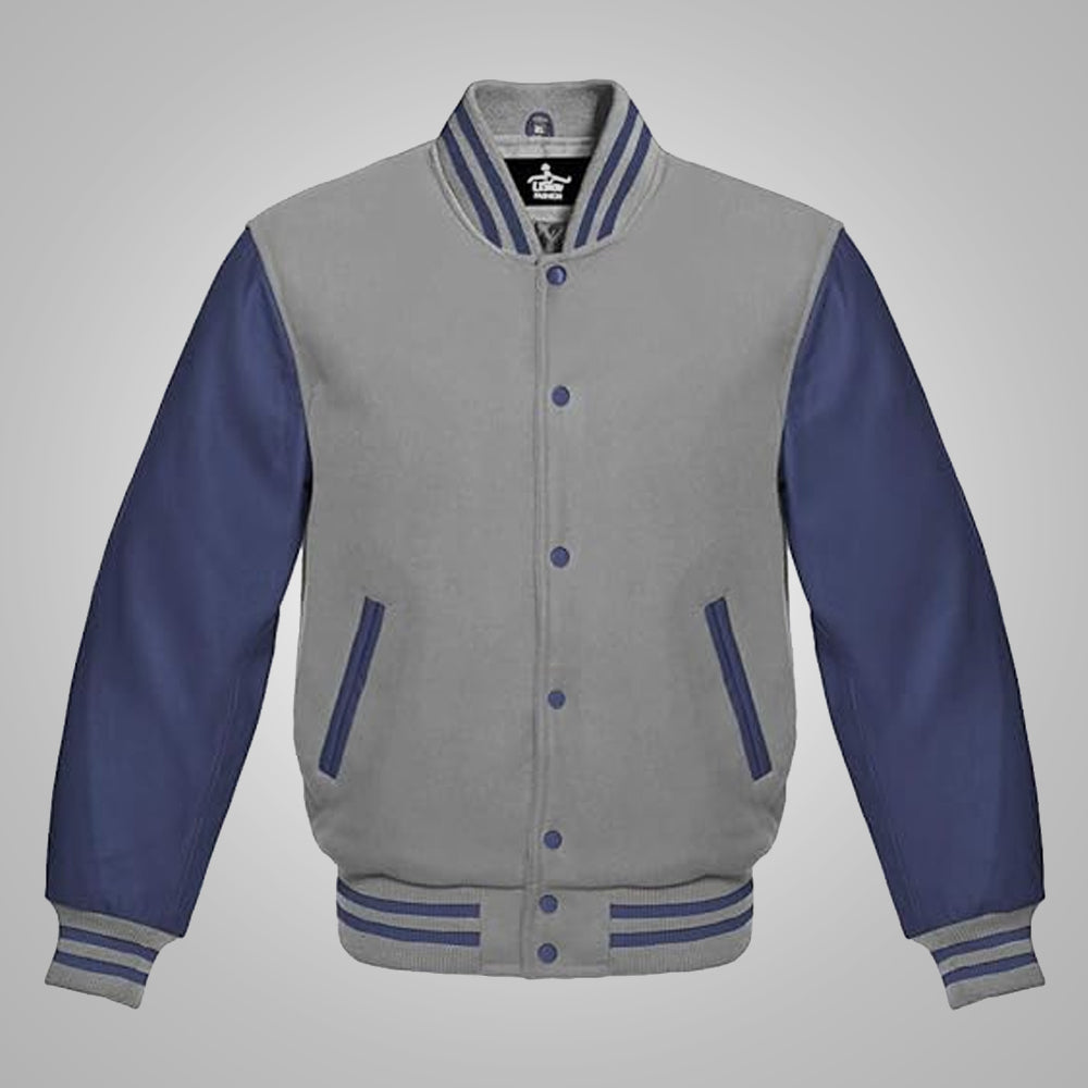 Men's Baseball Style Grey and Royal Blue Varsity Jacket