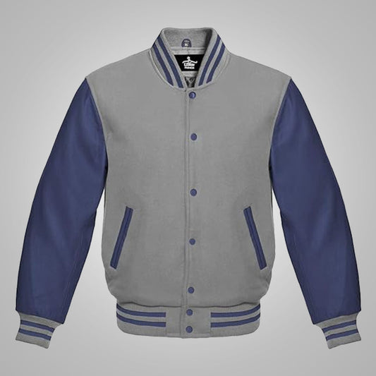 Men's Baseball Style Grey and Royal Blue Varsity Jacket